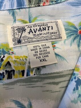 Avanti Light Blue Tropical Silk Shirt with Yellow & Green Accents MADE IN HAWAII